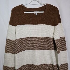 Neutral Stripe Knit Sweater Women M Brown Beige Cozy Fall Soft Pullover